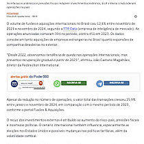 Brasil tem queda de 12,6% em fuses e aquisies internacionais em 2024...  Leia mais no texto original: (https://www.poder360.com.br/poder-economia/fusoes-e-aquisicoes-transfronteiricas-tem-queda-de-126-em-2024/)  2025 Todos os direitos so reservados a